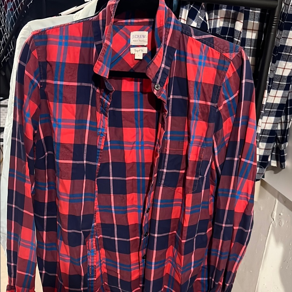 J. Crew Red and Blue Casual Button Down Shirt